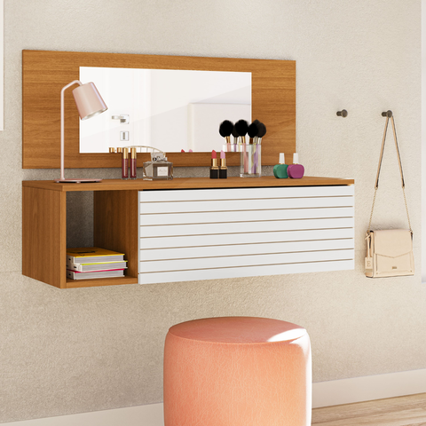 Penteadeira Camarim Suspensa com Espelho e Gaveta Joy - Branco/cinamomo