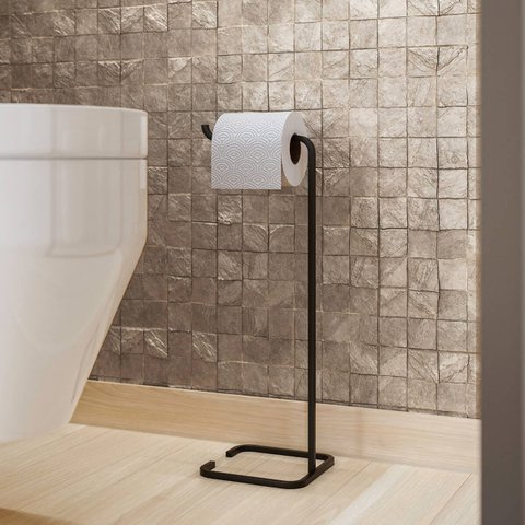 Suporte Porta Papel Higiênico de Chão para Banheiro com Base Preta em Metal - Édecasamóveis