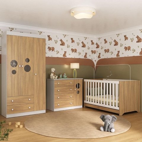 Quarto de Bebê Completo com Berço Americano 3 em 1 Pirulito Multimóveis Mp4621 Branco/madeirado