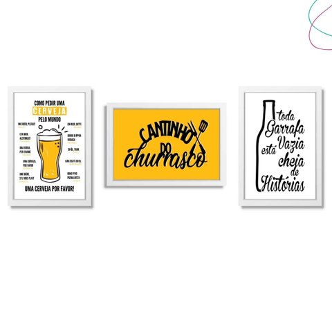 3 Quadros Churrasco e Cerveja Garrafa Vazia Tem Historia:branca