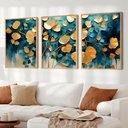 Ver imagem 1 de Kit Quadro Decorativo 3 Telas Flores Douradas em Tons de Azul Tacolado Moldura Caixa 3cm Madeira sem