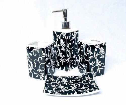 Kit de Banheiro Em Cerâmica com 4 Pçs Floral P&B - Preto - 1