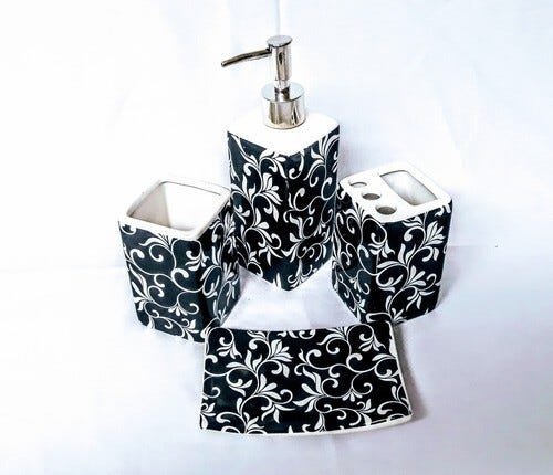 Kit de Banheiro Em Cerâmica com 4 Pçs Floral P&B - Preto - 2