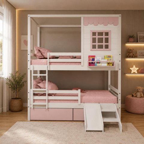 Beliche Infantil Casinha Reta 02 Gavetas Rosa Escorregador e Grade Removível Madeira Maciça Branco