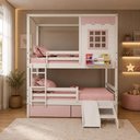 Ver imagem 1 de Beliche Infantil Casinha Reta 02 Gavetas Rosa Escorregador e Grade Removível Madeira Maciça Branco