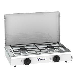 FOGAO DE MESA 2 BOCAS VENAX FLAMALAR TAMPA DE METAL BRANCO GAS GLP
