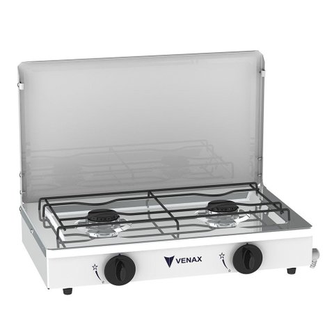 FOGAO DE MESA 2 BOCAS VENAX FLAMALAR TAMPA DE METAL BRANCO GAS GLP