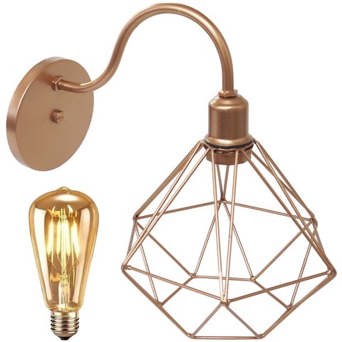 Luminária Arandela Parede Aramada Diamante Industrial Retro + Lâmpada Led Vintage Cobre Rose Gold