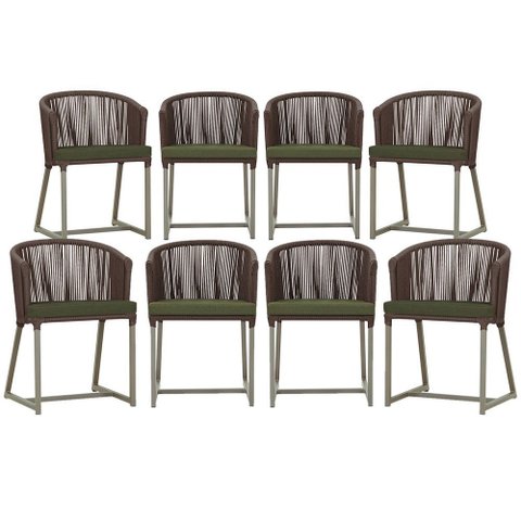 8 Cadeiras de Jantar Área Noronha em Alumínio com Pintura Fendi Corda Náutica Estofado 13 Trama Orig
