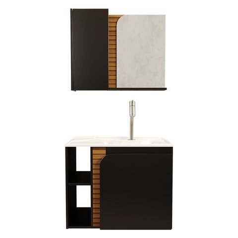 Gabinete Banheiro Lotus com 2 Portas Espelheira e Cuba Preto Fosco/ripa 3d