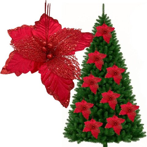 Flores Árvore Natal Gliter Vermelho Decoração 25cm Kit 4pçs