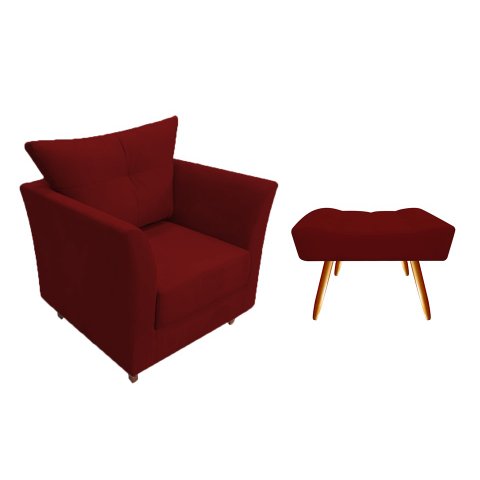 Kit Poltrona Decorativa Isis + Puff Retangular Suede Marsala Pés Madeira Mz Decor