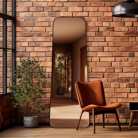 Espelho do Pinterest Corpo Inteiro de Chão Borda em Couro 3cm Grande 70x170cm - Mod. Tetris Caramelo