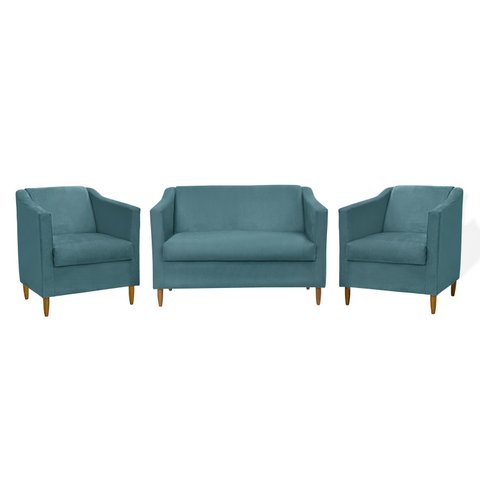 Kit Namoradeira e 2 Poltronas Titânio Suede Azul Tiffany