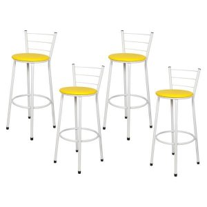 Kit 4 Banquetas Epoxi Branco Assento Amarelo