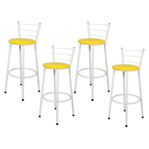 Kit 4 Banquetas Epoxi Branco Assento Amarelo