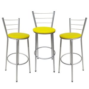 Kit 3 Banquetas Epoxi Cinza Assento Amarelo