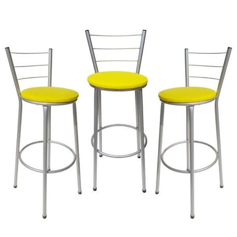 Kit 3 Banquetas Epoxi Cinza Assento Amarelo