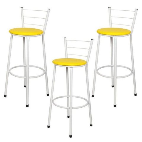 Kit 3 Banquetas Epoxi Branco Assento Amarelo