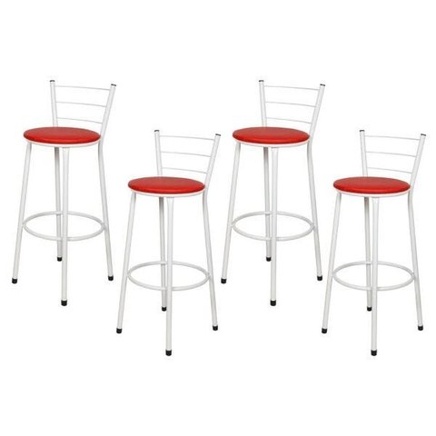 Kit 4 Banquetas Epoxi Branco Assento Vermelho