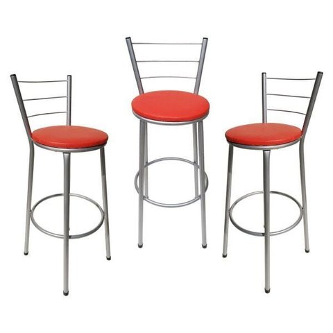 Kit 3 Banquetas Epoxi Cinza Assento Vermelho