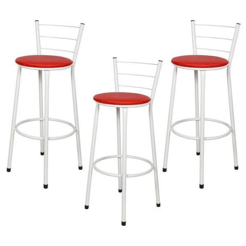 Kit 3 Banquetas Epoxi Branco Assento Vermelho