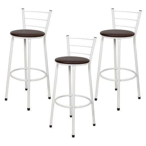 Kit 3 Banquetas Epoxi Branco Assento Marrom
