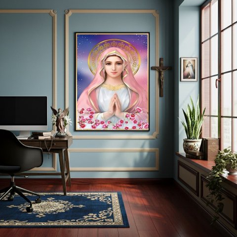 Quadro Virgem Maria com Um Véu Rosa e Flores - 70x50cm:moldura Preta