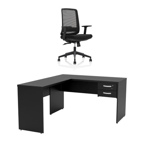 Mesa de Escritório em L 140x60cm com Gaveta + Cadeira Ergonômica Reclinável