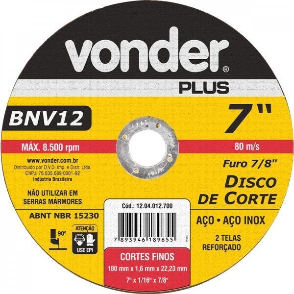 Disco de corte 180 mm x 16 mm x 2223 mm BNV12 Vonder PLUS - 1