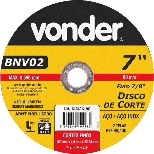 Disco de corte 180 mm x 16 mm x 2223 mm BNV 02 Vonder - 1