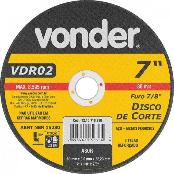 Disco de corte 180 mm x 30 mm x 2223 mm VDR02 Vonder - 1