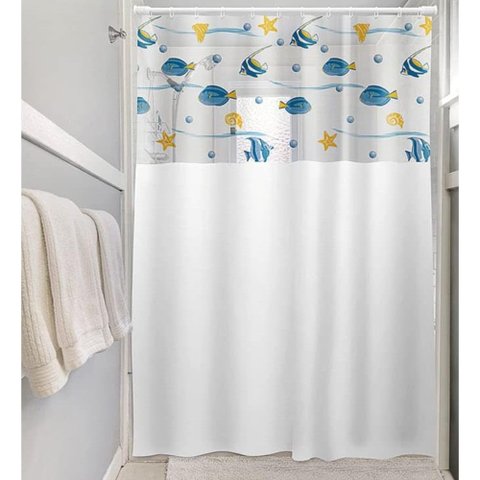 Kit Varão + Cortina para Box Visor | Cortina Peixes (1,35x2,00m) e Varao Extensivel 70 Ate 120cm Met