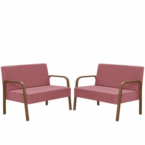 Kit Poltrona Decorativa 2 Namoradeiras de 2 Lugares Jade Braço Madeira D Salla Suede Rosa