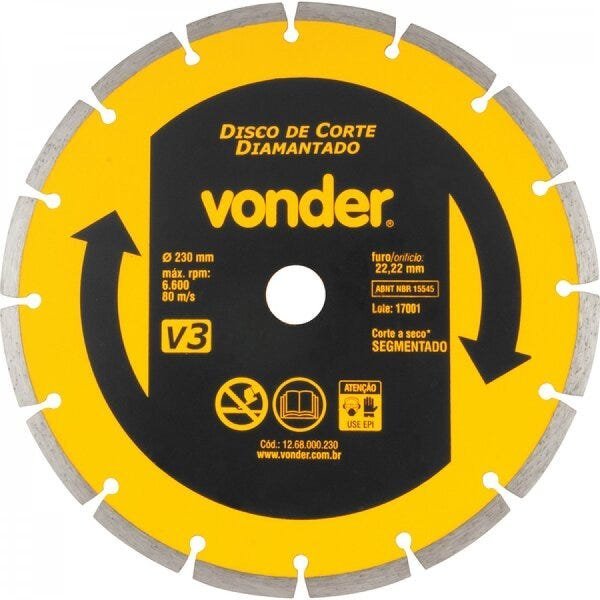 Disco de corte diamantado 230 mm segmentado V3 Vonder - 1