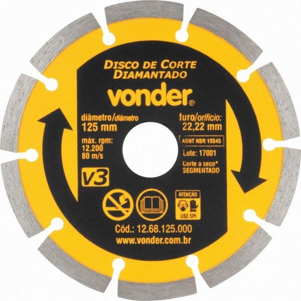 Disco de corte diamantado 125 mm segmentado V3 Vonder - 1