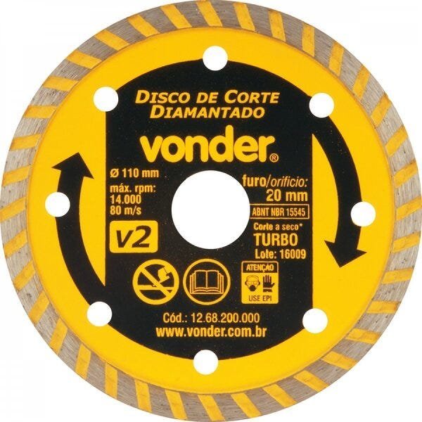 Disco de corte diamantado 110 mm furo de 20 mm turbo V2 Vonder - 1