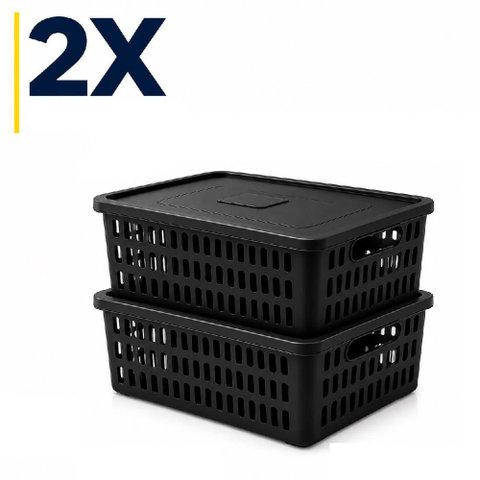 Kit 2 Caixa Organizadora Grande Empilhavel Preta Cesto com Tampa 10,8L Vazado Multiuso Guarda Roupa 