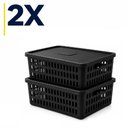 Ver imagem 1 de Kit 2 Caixa Organizadora Grande Empilhavel Preta Cesto com Tampa 10,8L Vazado Multiuso Guarda Roupa