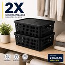 Ver imagem 2 de Kit 2 Caixa Organizadora Grande Empilhavel Preta Cesto com Tampa 10,8L Vazado Multiuso Guarda Roupa