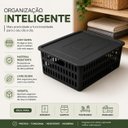 Ver imagem 4 de Kit 2 Caixa Organizadora Grande Empilhavel Preta Cesto com Tampa 10,8L Vazado Multiuso Guarda Roupa