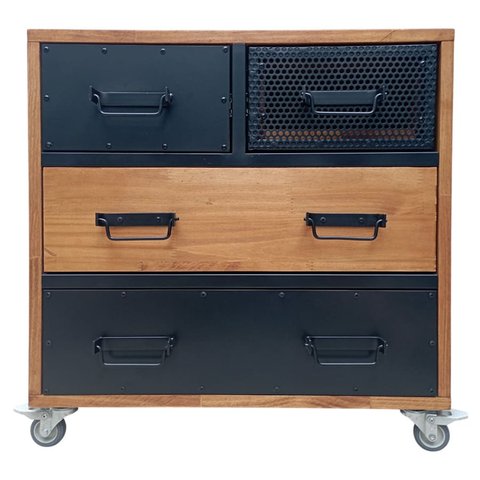 Cômoda Industrial de Madeira Maciça com 4 Rodízios e 4 Gavetas Revestidas de Ferro