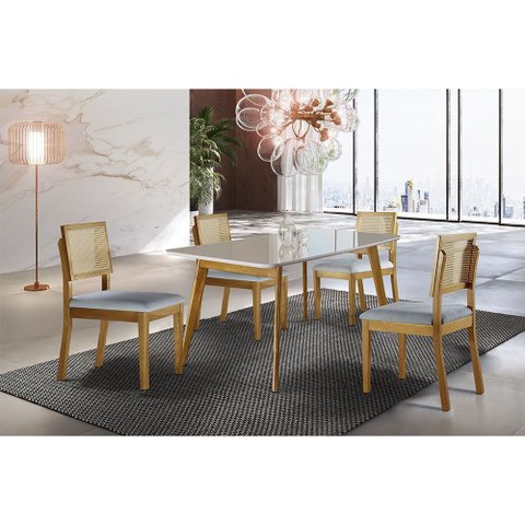 Conjunto Sala de Jantar Grécia Mesa e Cadeiras Madeira Maciça e Encosto Telinha Rattan Móveis Mix