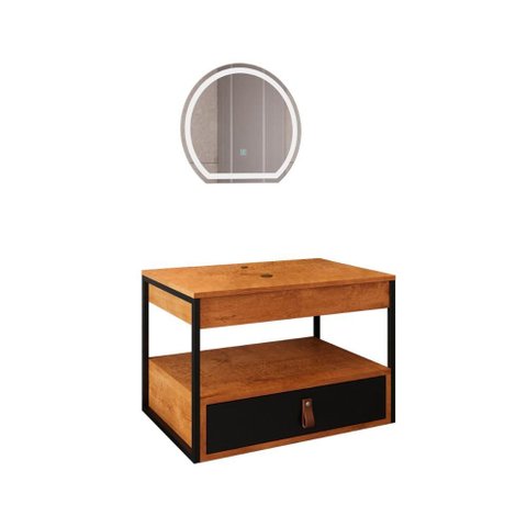 Gabinete Harley 1 Gaveta e Espelho Redondo Led 50cm Bivolt Nature/preto