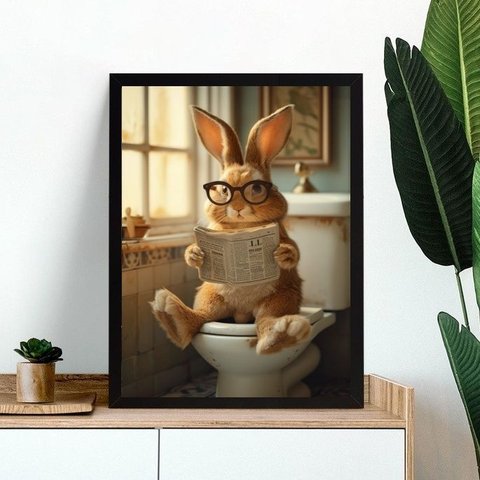 Quadro Decorativo de Banheiro - Coelhinho no Vaso 45x34cm - com Vidro:moldura Branca