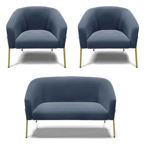 Sofá Namoradeira e 2 Poltronas Pé de Ferro Dourado Stella Suede D03 - D'Rossi Azul Marinho