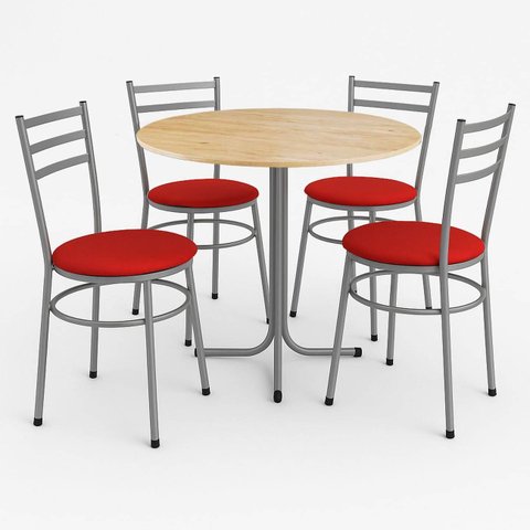 Mesa de Jantar Redonda 80cm Pinus com 4 Cadeiras Estofada Cinza
