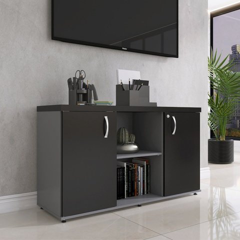 Armário Credenza 2 Portas Pivotante P25 Cinza/Grafito/Preto