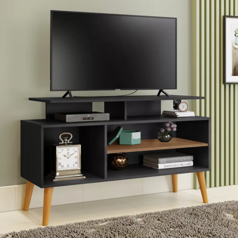Rack Lyon Pés em Madeira Prateleiras Moderno para Tv Ate 42 Polegadas:preto
