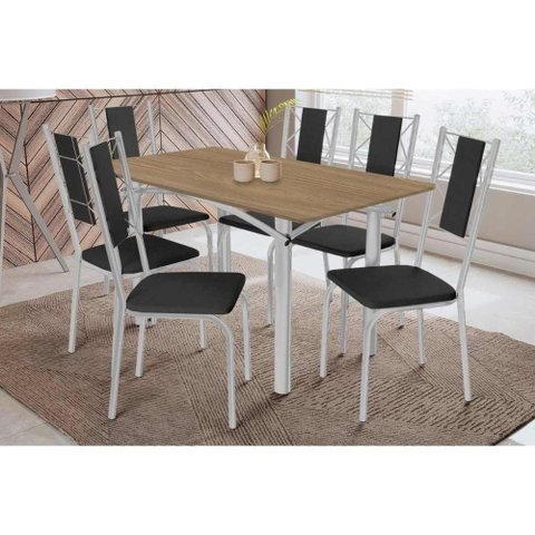 Sala de Jantar Completa Elba C/ Tampo de Madeira 160cm e 6 Cadeiras Lisboa Cromada/nogueira -